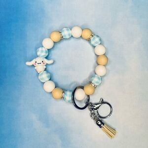 Sanrio Cinnamon Roll Blue Gingham Beaded Wristlet Keychain